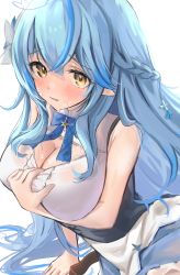 Rule 34 | 1girl, absurdres, ahoge, blouse, blue hair, blush, bow, braid, breast hold, breasts, cleavage, clothes pull, corset, female focus, hair ornament, highres, hololive, large breasts, long hair, looking at viewer, pulled by self, setokane, shirt, shirt pull, sleeveless, sleeveless shirt, solo, sweat, virtual youtuber, white shirt, yellow eyes, yukihana lamy