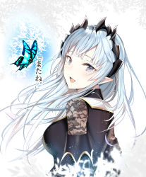 Rule 34 | 1girl, nanashi inc., blue hair, bug, butterfly, crown, hair between eyes, hair ornament, hairclip, highres, honey strap, insect, light blue hair, long hair, looking at viewer, looking back, open mouth, pointy ears, smile, solo, sougetsu eli, upper body, virtual youtuber, white background, yuyu (yuyuworks)
