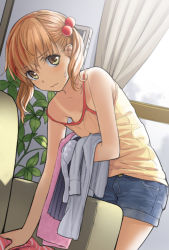 Rule 34 | 1girl, bad id, bad pixiv id, blonde hair, blush, couch, denim, denim shorts, dutch angle, hair bobbles, hair ornament, looking at viewer, original, plant, short twintails, shorts, solo, standing, strap slip, sweatdrop, tan, tank top, tanline, twintails, wavy mouth, yoropa