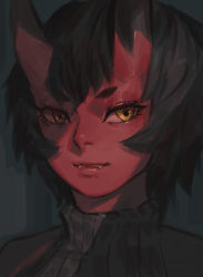 Rule 34 | 1girl, black hair, black sweater, closed mouth, colored skin, fangs, fangs out, horns, kidouko (zakusi), looking at viewer, oni, original, portrait, red oni, red skin, ribbed sweater, short hair, smile, solo, sweater, yellow eyes, zakusi
