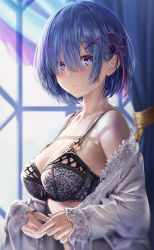 Rule 34 | 1girl, bare shoulders, black bra, blue eyes, blue hair, blush, bra, breasts, cleavage, closed mouth, curtains, from side, hair between eyes, hair ornament, indoors, kurono mitsuki, long sleeves, looking at viewer, looking to the side, medium breasts, off shoulder, open clothes, open shirt, re:zero kara hajimeru isekai seikatsu, rem (re:zero), shirt, solo, underwear, undressing, upper body, white shirt, window