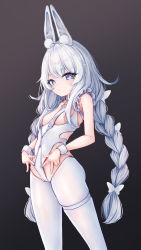 Rule 34 | + +, 1girl, ahoge, animal ear fluff, animal ears, azur lane, bare shoulders, blue eyes, braid, breast curtains, breastless clothes, breasts, butterfly hair ornament, closed mouth, commentary request, crotchless, crotchless pantyhose, dark background, fake animal ears, feet out of frame, gradient background, hair ornament, hairband, highres, le malin (azur lane), le malin (listless lapin) (azur lane), leotard, long hair, looking at viewer, official alternate costume, pantyhose, playboy bunny, rabbit ears, revision, silver hair, small breasts, solo, standing, thigh strap, twin braids, wakaba (945599620), white hairband, white leotard, white pantyhose, wrist cuffs