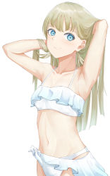 Rule 34 | 1girl, absurdres, armpits, arms behind head, bikini, blonde hair, blue eyes, collarbone, commentary request, frilled bikini, frills, hair lift, hanabusa lisa, highres, long hair, looking at viewer, midori (emrrd222), navel, sarong, simple background, smile, solo, stomach, swimsuit, virtual youtuber, vspo!, white background, white bikini