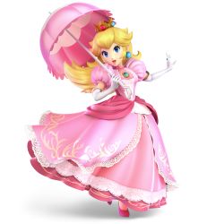 Rule 34 | 1girl, 3d, absurdres, blonde hair, blue eyes, corrupted metadata, crown, dress, earrings, elbow gloves, eyelashes, frills, full body, gloves, highres, huge filesize, jewelry, long hair, looking at viewer, mario (series), nintendo, official art, open mouth, parasol, pink dress, pink theme, princess peach, smile, solo, standing, super smash bros., transparent background, umbrella, white gloves