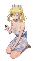 Rule 34 | 1girl, absurdres, bare shoulders, blonde hair, blue choker, blue eyes, blush, breasts, brown footwear, cellphone, cellphone charm, charm (object), choker, cleavage, closed mouth, collarbone, dress, floral print, flower, full body, grey dress, hair flower, hair ornament, high heels, highres, holding, holding phone, kiritzugu, kneeling, large breasts, long hair, looking at viewer, mole, mole on breast, original, phone, print dress, smartphone, solo, strap slip, tan, tanline, twintails, v-shaped eyebrows, white flower