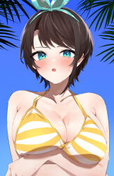 Rule 34 | 1girl, :o, absurdres, arms under breasts, bikini, black hair, blue sky, blush, bow, breasts, cleavage, collarbone, crossed arms, hair bow, highres, hololive, kakeru (kakeruanim), large breasts, leaf, looking at viewer, oozora subaru, oozora subaru (hololive summer 2019), open mouth, polka dot, polka dot bow, short hair, sky, solo, square, striped bikini, striped clothes, swimsuit, upper body, virtual youtuber, wet