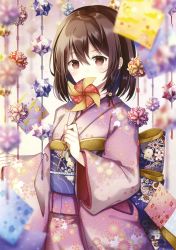 Rule 34 | 1girl, absurdres, blurry, blurry background, blurry foreground, blush, bow, braid, brown eyes, brown hair, depth of field, floral print, flower, hair between eyes, hair flower, hair ornament, hair ribbon, highres, holding, japanese clothes, kimono, kusada souta, large bow, long sleeves, looking at viewer, obi, original, pink kimono, pinwheel, print kimono, purple bow, red ribbon, ribbon, sash, scan, short hair, side braid, sleeves past wrists, solo, upper body, wide sleeves