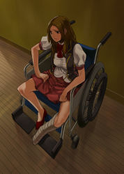 Rule 34 | 1girl, back street girls, bandaged leg, bandages, breasts, brown eyes, brown hair, cast, check commentary, closed mouth, commentary request, dutch angle, from above, indoors, lips, long hair, looking to the side, medium breasts, miniskirt, no socks, pleated skirt, puffy sleeves, red footwear, red neckwear, red skirt, running bond, sakamoto kengo, shirt, shoes, single shoe, sitting, skirt, solo, wheelchair, white shirt, wooden floor, yamamoto aily, yamamoto airi