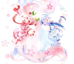 Rule 34 | 2girls, blue hair, boots, cherry, chiyo (rotsurechiriha), detached sleeves, closed eyes, food, fruit, hatsune miku, headset, highres, long hair, multiple girls, necktie, outstretched arms, pink eyes, pink hair, sakura miku, skirt, snowflakes, thigh boots, thighhighs, twintails, very long hair, vocaloid, white background, yuki miku