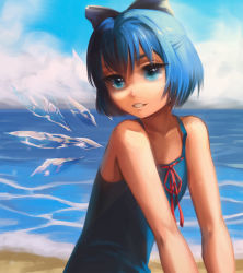 Rule 34 | 1girl, beach, blue bow, blue dress, blue eyes, blue hair, bow, cirno, cirno day, cloud, commentary request, day, dress, firewink, flat chest, hair bow, highres, ice, ice wings, looking at viewer, neck ribbon, ocean, outdoors, parted lips, pinafore dress, red ribbon, ribbon, russian commentary, sand, short hair, sleeveless, sleeveless dress, solo, touhou, upper body, water, wings