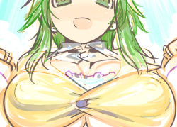 Rule 34 | 1girl, bad id, bad pixiv id, bikini, breasts, bursting breasts, cleavage, collar, female focus, green eyes, green hair, gumi, head out of frame, huge breasts, kaqo, large breasts, long hair, matching hair/eyes, solo, straining buttons, swimsuit, vocaloid