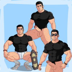 Rule 34 | 1boy, absurdres, bara, beard stubble, black hair, bottomless, briefs, bulge, covered abs, covered navel, elchicoazulito, erection, facial hair, highres, large pectorals, leg hair, light blush, looking ahead, lucas lee, male focus, male underwear, muscular, muscular male, no pants, pectorals, sanpaku, scott pilgrim (series), shirt, shoes, short hair, shy, sideburns, skateboard, smile, sneakers, squatting, stubble, thick eyebrows, thick thighs, thighs, tight clothes, tight shirt, uncensored, underwear, white male underwear