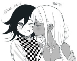 Rule 34 | 1boy, 1girl, bare shoulders, blush, breasts, checkered clothes, checkered scarf, cleavage, collarbone, danganronpa (series), danganronpa v3: killing harmony, flipped hair, greyscale, grin, hair between eyes, jacket, kiss, kissing cheek, large breasts, long hair, looking at another, looking to the side, low twintails, medium hair, monochrome, oma kokichi, scarf, smile, teeth, togi9999, twintails, yonaga angie