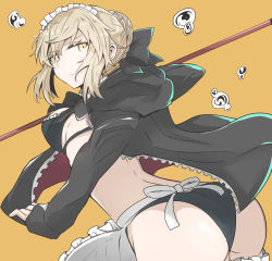 Rule 34 | 1girl, absurdres, apron, artoria pendragon (alter swimsuit rider) (fate), artoria pendragon (alter swimsuit rider) (second ascension) (fate), artoria pendragon (fate), ass, back, bikini, black bikini, black bow, black jacket, black ribbon, blonde hair, bow, braid, breasts, broom, choker, closed mouth, fate/grand order, fate (series), flat color, french braid, frilled apron, frills, gin moku, hair bun, hair ribbon, highres, holding, holding broom, jacket, long sleeves, looking at viewer, looking back, maid, maid bikini, maid headdress, medium breasts, open clothes, open jacket, pale skin, ribbon, short hair, simple background, single hair bun, solo, standing, swimsuit, unconventional maid, underwear, v-shaped eyebrows, waist apron, water, water drop, white apron, wind, wind lift, yellow background, yellow eyes