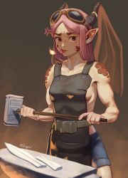 Rule 34 | 1girl, apron, bad id, bad twitter id, black apron, blue shorts, breasts, dragon girl, dragon horns, dragon tail, dragon wings, dugnul, goggles, goggles on head, hammer, highres, holding, holding hammer, horns, long hair, medium breasts, original, pink hair, pointy ears, red eyes, scales, shorts, sideboob, solo, tail, tongue, tongue out, twitter username, wings