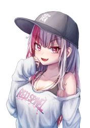 Rule 34 | 1girl, absurdres, bare shoulders, black hat, blush, chain, chain necklace, clothes writing, collarbone, fang, gem, gradient hair, grey hair, hat, highres, icetea774, jewelry, looking at viewer, multicolored hair, necklace, open mouth, original, pink eyes, red gemstone, red hair, simple background, skin fang, sleeves past wrists, smile, solo, streaked hair, tongue, upper body, white background
