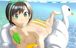 Rule 34 | bird, chadgarciaburg, duck, highres, hololive, innertube, oozora subaru, oozora subaru (hololive summer 2019), panties, self-upload, solo, striped clothes, striped panties, swim ring, swimsuit, underwear, virtual youtuber, water