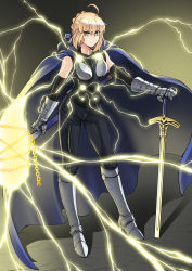 Rule 34 | 1girl, absurdres, ahoge, armor, artoria pendragon (all), artoria pendragon (fate), bare shoulders, blonde hair, cape, chain, cosplay, crossover, elbow gloves, excalibur (fate/stay night), fate/stay night, fate (series), gauntlets, gloves, greaves, green eyes, hair bun, highres, lightning, marvel, nanni jjang, pants, planted, planted sword, planted weapon, saber (fate), single hair bun, solo, sword, thor (marvel), thor (marvel) (cosplay), weapon