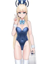 Rule 34 | 1girl, absurdres, animal ears, bare shoulders, blonde hair, blue archive, blue bow, blue bowtie, blue eyes, blue leotard, bow, bowtie, breasts, briefcase, cowboy shot, detached collar, fake animal ears, fffukuzawa, halo, highres, holding, holding briefcase, leotard, long hair, looking at viewer, medium breasts, official alternate costume, playboy bunny, rabbit ears, solo, standing, thighhighs, toki (blue archive), toki (bunny) (blue archive), v, very long hair, white thighhighs, wrist cuffs