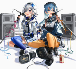 Rule 34 | 2girls, absurdres, amane kanata, amane kanata (work), angel wings, apple juice, asymmetrical hair, asymmetrical legwear, beret, black footwear, black gloves, black headwear, black shirt, black skirt, black socks, blue eyes, blue hair, blue jacket, blue legwear, blue skirt, blush, boots, breasts, cable, colored inner hair, commentary, cross-laced footwear, crossed legs, earrings, fingerless gloves, flat chest, frilled skirt, frills, full body, gloves, green ribbon, grey shirt, hair between eyes, hair ornament, hair ribbon, hairclip, hat, highres, holding, holding microphone stand, hololive, hood, hooded jacket, hoshimachi suisei, hoshimachi suisei (streetwear), jacket, jewelry, juice, juice box, kito koruta, lace trim, light blue hair, long hair, medium hair, microphone, microphone stand, miniskirt, mismatched legwear, multicolored hair, multiple girls, nail polish, neck ribbon, off shoulder, official alternate costume, open clothes, open jacket, open mouth, orange nails, orange pantyhose, orange ribbon, pantyhose, partially unzipped, pink hair, pink ribbon, pleated skirt, purple eyes, ribbed shirt, ribbon, see-through, shadow, shirt, side ponytail, signature, silver hair, simple background, sitting, skirt, sleeveless, sleeveless shirt, small breasts, smile, socks, soles, speaker, star (symbol), star in eye, streaked hair, symbol in eye, turtleneck, uneven legwear, virtual youtuber, white background, white footwear, white headwear, white jacket, wings
