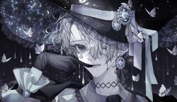 Rule 34 | androgynous, black gloves, bug, butterfly, earrings, galaxy, gloves, grey butterfly, grey eyes, grey hair, hair over eyes, hat, highres, insect, jewelry, long sleeves, looking at viewer, pale skin, puffy sleeves, ribbon, sasame 20, short hair, solo, stitched mouth, stitches, trap, upper body, white butterfly, white eyes, white gemstone, white hair, white ribbon, zombie