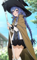 Rule 34 | 1girl, black hat, black skirt, blue eyes, blue hair, blurry, blurry background, blush, braid, cloak, crossed bangs, day, embarrassed, feet out of frame, hat, highres, holding, holding staff, jacket, long hair, long sleeves, mushoku tensei, open mouth, outdoors, roxy migurdia, sidelocks, signature, skirt, sky, solo, staff, tochi keisuke, twin braids, white jacket, witch hat