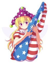 Rule 34 | 1girl, american flag dress, american flag legwear, blonde hair, blue pantyhose, blush, clownpiece, commentary request, dress, fairy wings, hair between eyes, hat, jester cap, legs up, long hair, looking at viewer, neck ruff, no shoes, pantyhose, partial commentary, phantom2071, polka dot, polka dot headwear, purple eyes, purple hat, red dress, red pantyhose, short sleeves, simple background, sitting, solo, star (symbol), star print, striped clothes, striped dress, striped pantyhose, thighs, touhou, white background, white dress, white pantyhose, wings