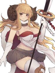 Rule 34 | 1girl, ahoge, anila (granblue fantasy), bare shoulders, black skirt, blonde hair, blunt bangs, breasts, brown eyes, cape, collarbone, commentary, elbow gloves, fur-trimmed cape, fur trim, gloves, granblue fantasy, highres, holding, holding polearm, holding weapon, horns, large breasts, large horns, long hair, miniskirt, naginata, pleated skirt, polearm, red cape, sideless outfit, simple background, skirt, smile, solo, tassel, thighhighs, very long hair, weapon, white background, white gloves, white thighhighs, yonaga san, zettai ryouiki