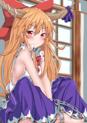Rule 34 | 1girl, absurdres, blush, bow, bowtie, breasts, chain, clip studio paint (medium), commentary request, crossed legs, hair bow, highres, horn ornament, horn ribbon, horns, ibuki suika, long hair, looking at viewer, mukkushi, oni, orange hair, purple skirt, red bow, red bowtie, red eyes, ribbon, sideboob, sitting, skirt, solo, textless version, touhou, very long hair