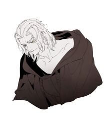 Rule 34 | 1boy, 5altybitter5, closed mouth, emet-selch, final fantasy, final fantasy xiv, hair slicked back, highres, looking down, male focus, simple background, solo, sophist&#039;s robe (ff14), upper body, white background, yellow eyes