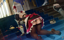 Rule 34 | 1girl, 2others, all fours, ass, broken vase, corset, dress, feet, from behind, garter belt, gauntlets, genshin impact, high heels, highres, indoors, multiple others, noelle (genshin impact), open mouth, panties, riding crop, soles, stairs, themaestronoob, thighhighs, underwear, white hair