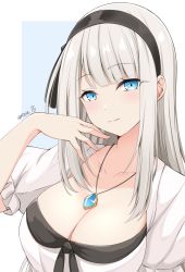 Rule 34 | 1girl, blue eyes, breasts, cleavage, hairband, highres, jewelry, large breasts, long hair, looking at viewer, mature female, mylene rapha holfort, necklace, otome game sekai wa mob ni kibishii sekai desu, queen, reia 76, silver hair, smile, solo, upper body