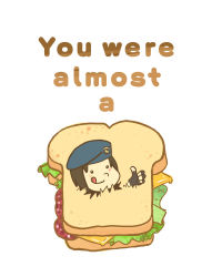Rule 34 | 1girl, :q, fingerless gloves, food, gloves, hat, in food, jill valentine, parody, peko-chan, pun, resident evil, sandwich, solo, thumbs up, tongue, tongue out