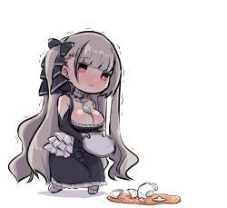 Rule 34 | 1girl, azur lane, bare shoulders, black dress, blush, breasts, broken, broken cup, chibi, cleavage, closed mouth, clothing cutout, collarbone, commentary request, cup, dress, formidable (azur lane), frilled dress, frills, grey hair, holding, holding tray, large breasts, long hair, long sleeves, nose blush, red eyes, saucer, shadow, shoulder cutout, sleeves past wrists, solo, spill, standing, teacup, tray, trembling, twilight, two side up, u-non (annon&#039;an), very long hair, white background