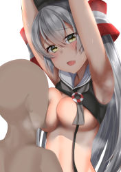 Rule 34 | 1girl, alternate breast size, amatsukaze (kancolle), armpits, bad id, bad pixiv id, blush, breast sucking, breasts, dress, grey hair, highres, kantai collection, kitajima yuuki, long hair, looking at viewer, medium breasts, open mouth, sailor collar, sailor dress, school uniform, serafuku, simple background, solo, solo focus, steaming body, twintails, two side up, underwear, undressing, white background, yellow eyes