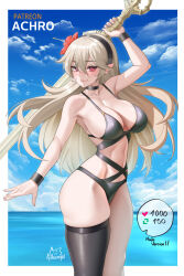 Rule 34 | 1girl, achromaru, alternate costume, arm up, artist logo, artist name, bikini, black bikini, black choker, black hairband, black thighhighs, black wristband, blonde hair, blue sky, border, breasts, bright pupils, choker, closed mouth, cloud, corrin (female) (fire emblem), corrin (fire emblem), day, double-parted bangs, earrings, english text, fingernails, fire emblem, fire emblem fates, floating hair, flower, hair between eyes, hair flower, hair ornament, hairband, halterneck, highres, holding, holding sword, holding weapon, horizon, jewelry, large breasts, light brown hair, like and retweet, long hair, meme, nintendo, ocean, outdoors, outside border, patreon username, pointy ears, red eyes, red flower, single thighhigh, skindentation, sky, smile, solo, standing, swimsuit, sword, thighhighs, twitter strip game (meme), very long hair, water, weapon, white border, white pupils, yato (fire emblem)