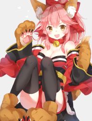 Rule 34 | &gt;:d, 1girl, :d, animal ears, animal hands, bell, black thighhighs, blush, body blush, bow, breasts, brown eyes, claws, cleavage, collar, collarbone, detached sleeves, fang, fate/grand order, fate (series), fox ears, fox tail, gloves, hair bow, highres, invisible chair, japanese clothes, jimmy madomagi, jingle bell, kimono, knees up, large breasts, long hair, long sleeves, looking at viewer, open mouth, paw gloves, pink hair, ponytail, red bow, red kimono, sash, sitting, smile, tail, tamamo (fate), tamamo cat (fate), tamamo cat (first ascension) (fate), tamamo no mae (fate/extra), thick eyebrows, thighhighs, underbust, v-shaped eyebrows, wide sleeves