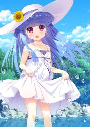 Rule 34 | 1girl, :d, bare arms, bare shoulders, blue hair, blue sky, blunt bangs, blush, cloud, collarbone, commentary request, day, dress, flower, furude rika, gaou (babel), hat, hat flower, heart, heart in eye, higurashi no naku koro ni, long hair, looking at viewer, open mouth, outdoors, purple eyes, skirt hold, sky, sleeveless, sleeveless dress, smile, solo, sunflower, symbol in eye, tree, very long hair, water, water drop, white dress, white hat, yellow flower