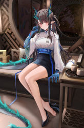 Rule 34 | 1girl, arknights, barefoot, black footwear, black hair, black skirt, blue skin, blush, breasts, closed mouth, colored skin, cup, dragon girl, dragon horns, dragon tail, dusk (arknights), feet, full body, high heels, highres, horns, large breasts, long hair, long sleeves, pointy ears, pumps, red eyes, ru zhai, shirt, unworn shoe, shoes, sitting, skirt, soles, solo, stiletto heels, tail, thighs, toes, white shirt