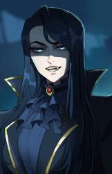 1girl arcane:_league_of_legends black_hair caitlyn_(league_of_legends) cchocolace fangs highres league_of_legends long_hair looking_at_viewer open_mouth solo vampire