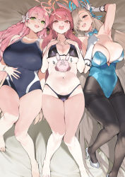 Rule 34 | 3girls, ahoge, animal ears, armpits, aru (blue archive), asuna (blue archive), asuna (bunny) (blue archive), bare arms, bare legs, bare shoulders, barefoot, bikini, black bikini, blue archive, blue one-piece swimsuit, blush, bow, bowtie, breasts, brown eyes, cleavage, collarbone, competition swimsuit, covered navel, earrings, girl sandwich, gloves, green eyes, groin, halo, hanako (blue archive), hands on own chest, high heels, horns, huge breasts, ikuchan kaoru, jewelry, large breasts, leotard, long hair, looking at viewer, lying, mole, mole on breast, multiple girls, navel, no shoes, on back, one-piece swimsuit, open mouth, paid reward available, pantyhose, pink hair, playboy bunny, rabbit, ribbon, sandwiched, skindentation, smile, string bikini, swimsuit, thighs, traditional bowtie, very long hair, white gloves