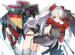 Rule 34 | 1girl, antenna hair, ass, azur lane, between legs, blush, breasts, closed mouth, covered navel, cross, finger to mouth, garter straps, gloves, hair between eyes, hand between legs, head tilt, headgear, iron cross, large breasts, long hair, long sleeves, looking at viewer, luse maonang, machinery, mole, mole on breast, multicolored hair, prinz eugen (azur lane), red hair, red lips, sideboob, silver hair, simple background, sitting, smile, solo, sparkle, streaked hair, swept bangs, thighhighs, thighs, twintails, two side up, very long hair, wariza, white background, wide sleeves
