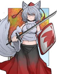 Rule 34 | 1girl, animal ear fluff, animal ears, black skirt, closed mouth, commentary, detached sleeves, fang, fe (tetsu), gradient skirt, grey hair, hat, highres, holding, holding shield, holding sword, holding weapon, inubashiri momiji, leaf print, looking at viewer, maple leaf print, outdoors, outside border, red eyes, red hat, red skirt, shield, short hair, skirt, solo, sword, symbol-only commentary, tail, tokin hat, touhou, weapon, wide sleeves, wolf ears, wolf tail