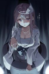 Rule 34 | 1girl, blue eyes, blush, breasts, chigusa minori, cleavage, collarbone, commentary request, corrupted twitter file, ghost costume, grey hair, hair ornament, hairclip, highres, japanese clothes, kimono, large breasts, light particles, long hair, long sleeves, looking at viewer, parted lips, saotome shino (shino to ren), shino to ren, sidelocks, solo, sweatdrop, tearing up, translation request, white kimono