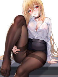 Rule 34 | 1girl, azur lane, black choker, black skirt, blonde hair, breasts, brown pantyhose, choker, cleavage, commentary, foot out of frame, high-waist skirt, highres, implacable (azur lane), implacable (shepherd of the &quot;lost&quot;) (azur lane), large breasts, leg up, long hair, long sleeves, nail polish, office lady, official alternate costume, panties, panties under pantyhose, pantyhose, partially unbuttoned, pencil skirt, red eyes, reiku09, shirt, shirt tucked in, simple background, sitting, skirt, solo, thighband pantyhose, toenail polish, toenails, underwear, very long hair, white background, white shirt