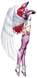 Rule 34 | 1girl, armor, armored boots, arms up, ass, back, boots, breasts, eyelashes, feathered wings, full body, glasses, high heel boots, high heels, jane shore, knee boots, large breasts, leotard, long hair, long sleeves, looking at viewer, pauldrons, red hair, red lips, shoulder armor, simple background, solo, sunglasses, tempest (game), the war of genesis, thighhighs, thong leotard, tony taka, vambraces, very long hair, white background, white wings, wings