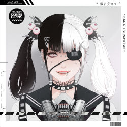 Rule 34 | 1girl, absurdres, barcode, black hair, black sailor collar, character name, choker, ear piercing, english text, eyepatch, grey background, highres, looking at viewer, medium hair, one eye covered, park junkyu, piercing, pink eyes, portrait, respirator, sailor collar, shirt, solo, spiked choker, spikes, the girls of armament, twintails, white hair, white shirt