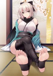 Rule 34 | 1girl, against wall, ahoge, arm guards, bare shoulders, barefoot, black bow, black thighhighs, blonde hair, blush, bow, breasts, collarbone, crossed legs, fate/grand order, fate (series), feet, floral print, foot focus, full body, grey eyes, hair between eyes, hair bow, hair ribbon, half updo, haori, highres, japanese clothes, kimono, koha-ace, large breasts, looking at viewer, no shoes, obi, okita souji (fate), okita souji (koha-ace), ponytail, ribbon, ruton-niki, sash, scarf, shinsengumi, shiny clothes, short kimono, sitting, sleeveless, sleeveless kimono, sliding doors, smile, soles, solo, tatami, thighhighs, thighs, toeless legwear, toenails, toes, white bow, wide sleeves