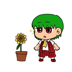 Rule 34 | 1boy, child, flower, gender request, genderswap, green hair, kazami yuuka, looking down, male focus, open mouth, pants, plaid, plaid pants, plaid vest, red eyes, short hair, solo, sunflower, toddler, touhou, vest, white background