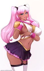 Rule 34 | 1girl, breasts, catherine sabathra, code geass, code geass: dakkan no roze, dark-skinned female, dark skin, large breasts, lips, long hair, looking at viewer, miniskirt, navel, nofuture, shiny skin, simple background, skirt, solo, twintails, very long hair, white background, wide hips